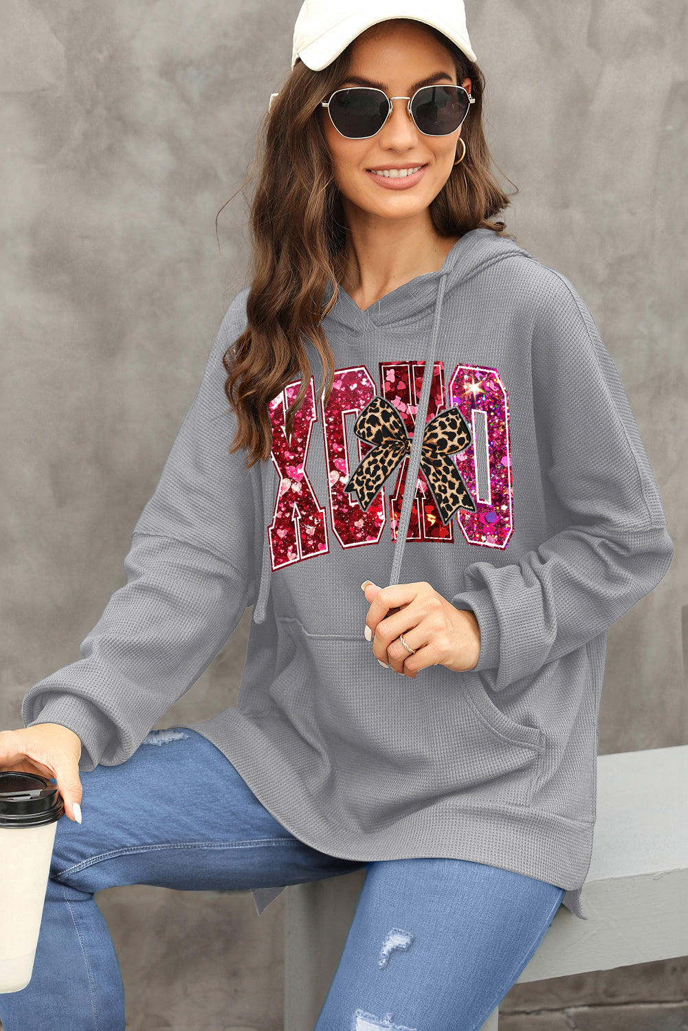 Valentine's Day XOXO Date Night Waffle Knit Fleece Lined Hoodie