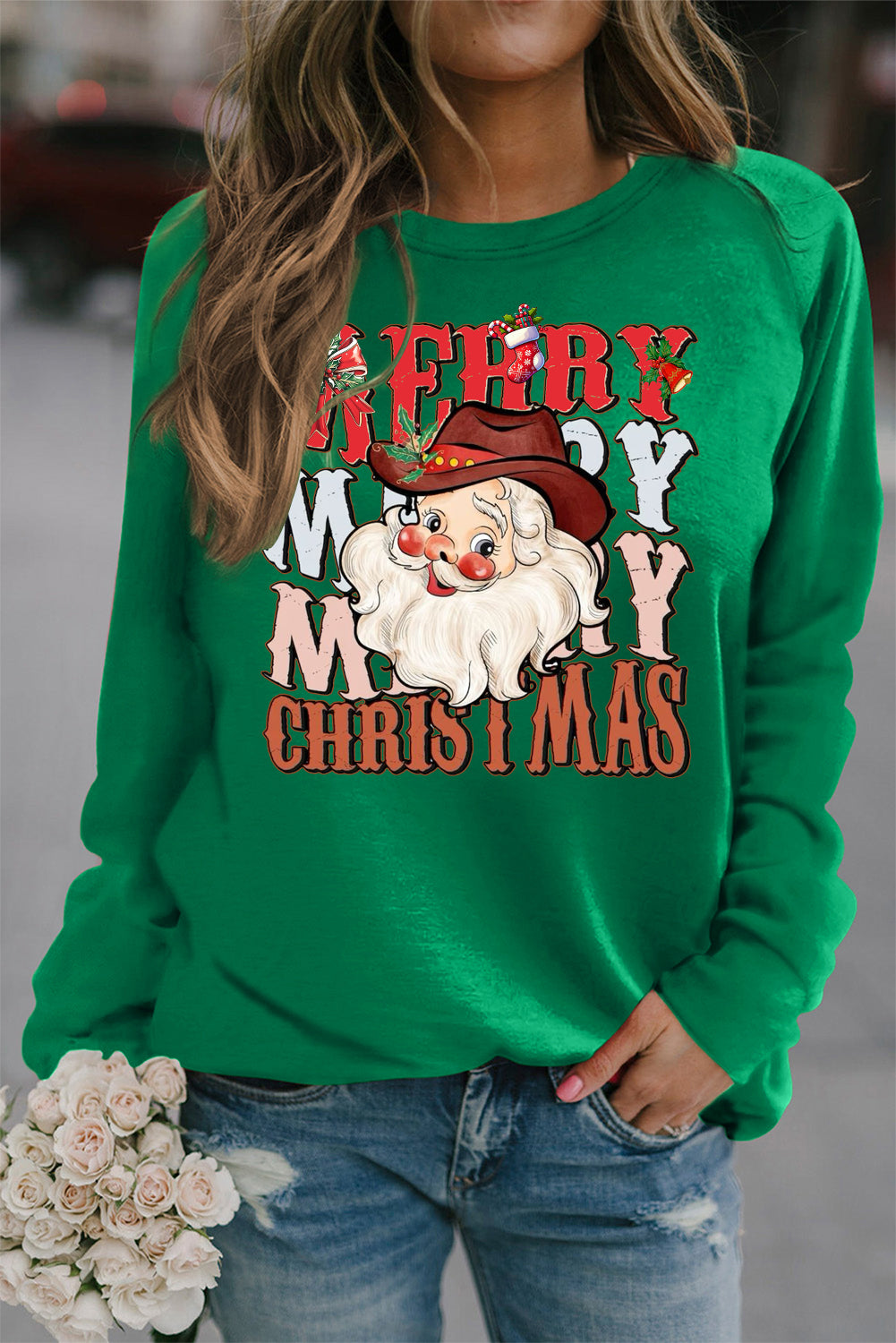 Merry Christmas Solid Color Crew Neck Pullover Sweatshirt