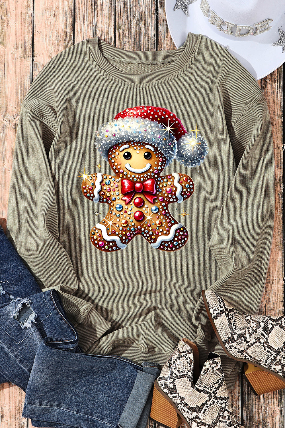 Christmas Ribbed Crew Neck Bear Santa Hat Pullover Sweatshirt