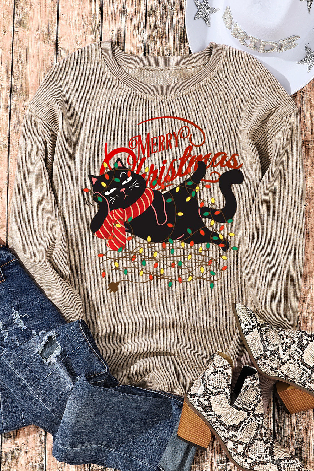 Christmas Wacky Cat Lights String Print Knit Crew Neck Pullover Sweatshirt