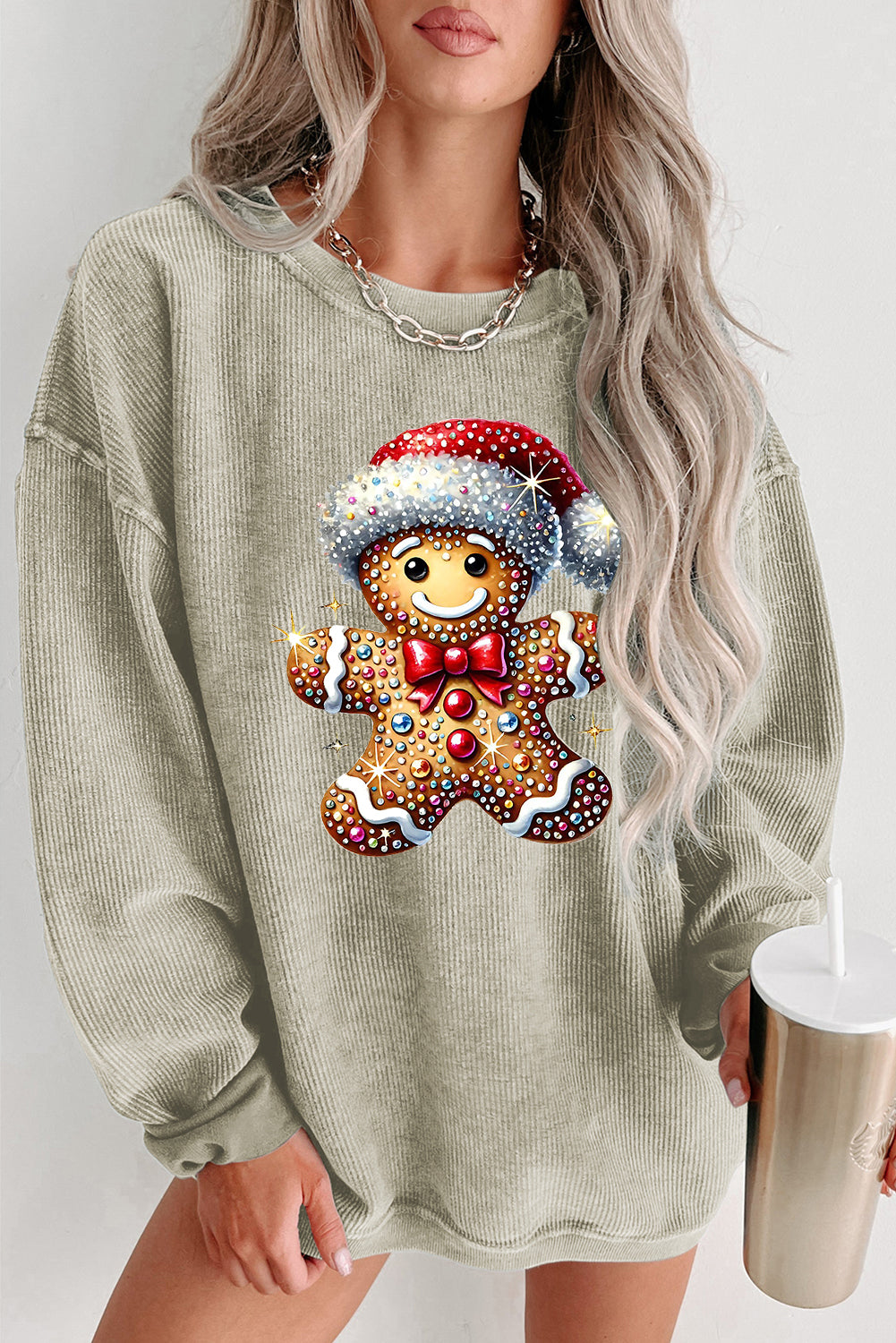 Christmas Ribbed Crew Neck Bear Santa Hat Pullover Sweatshirt