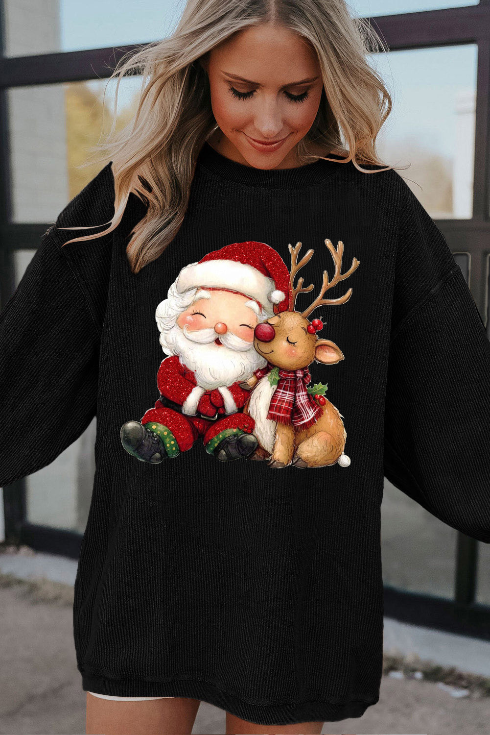 Cozy Christmas Santa Claus and Reindeer Pattern Oversized Sweater