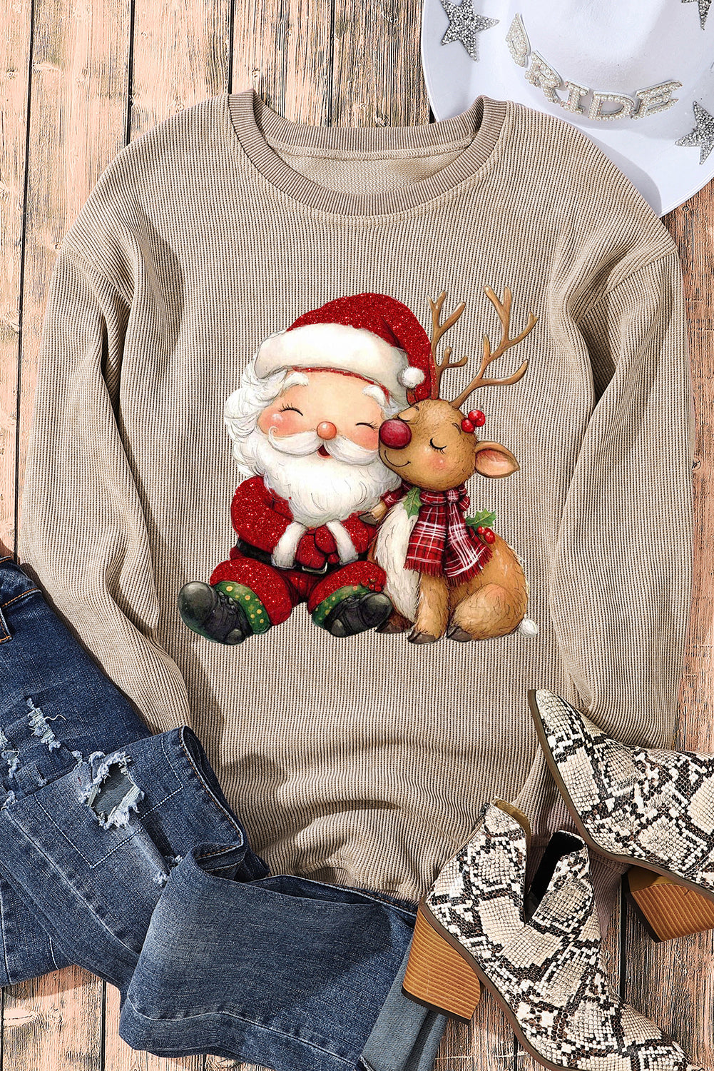 Santa Elk Print Knit Crew Neck Pullover Sweatshirt