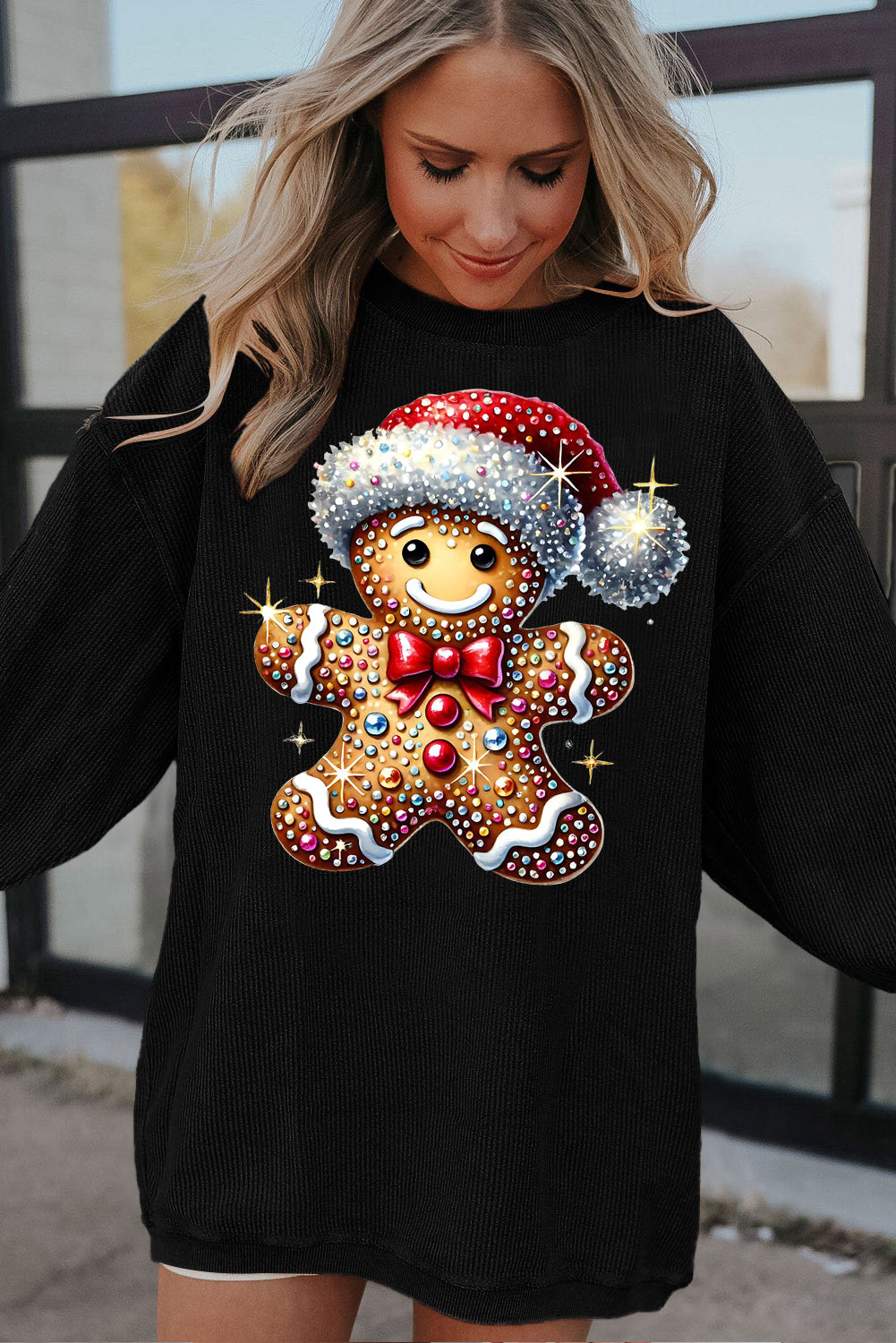 Santa Hat Bear Crew Neck Pattern Pullover Sweatshirt