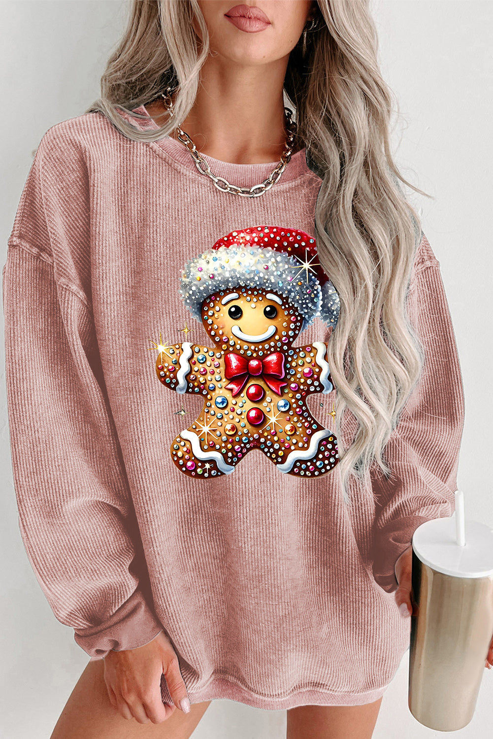 Christmas Ribbed Crew Neck Bear Santa Hat Pullover Sweatshirt