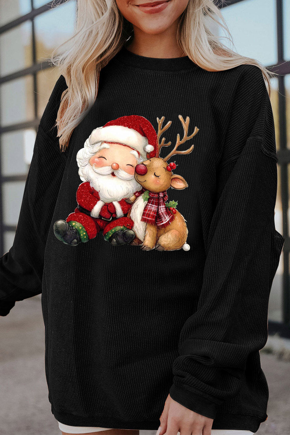 Cozy Christmas Santa Claus and Reindeer Pattern Oversized Sweater