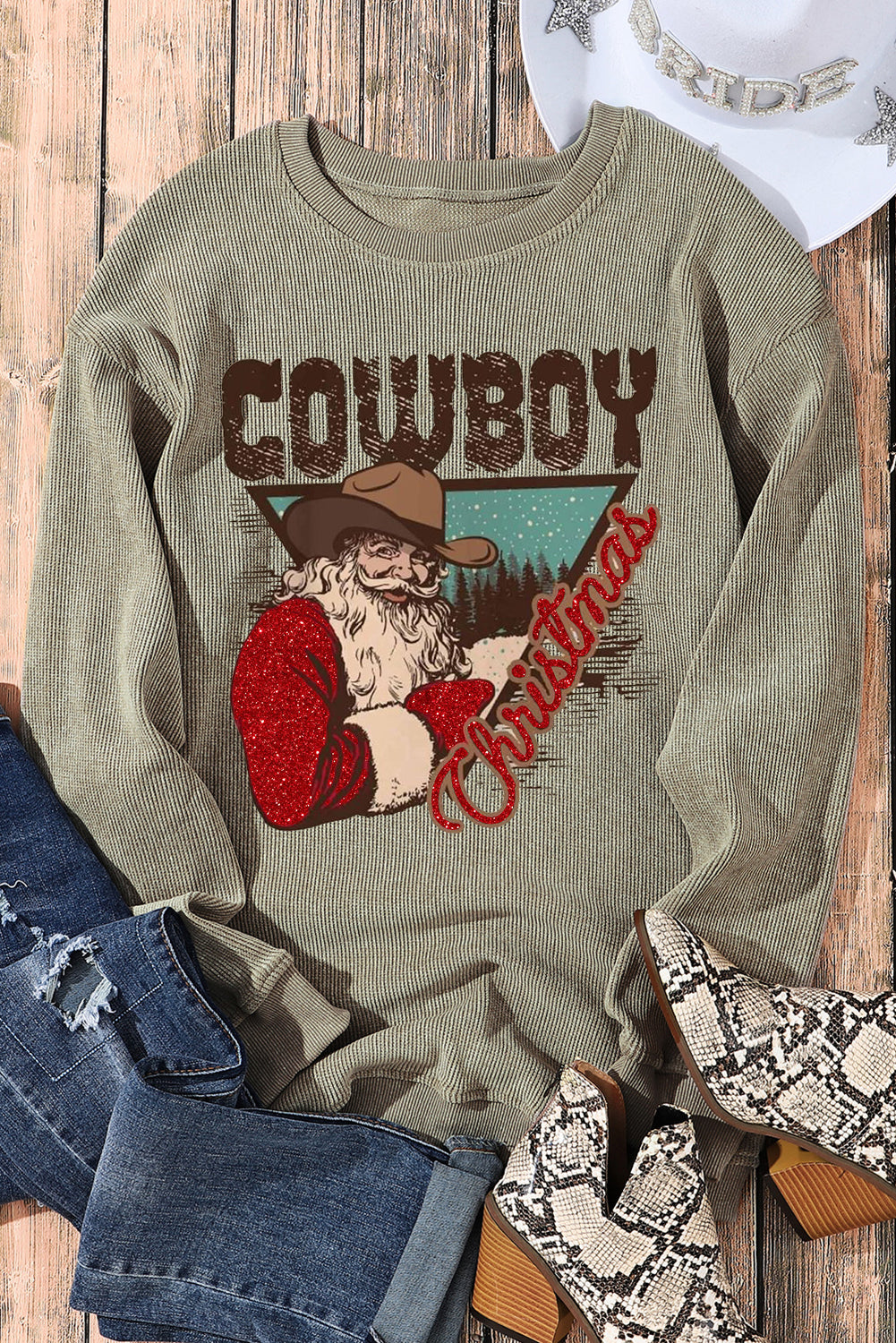 Christmas Cowboy Boy Printed Knit Crew Neck Pullover Sweatshirt