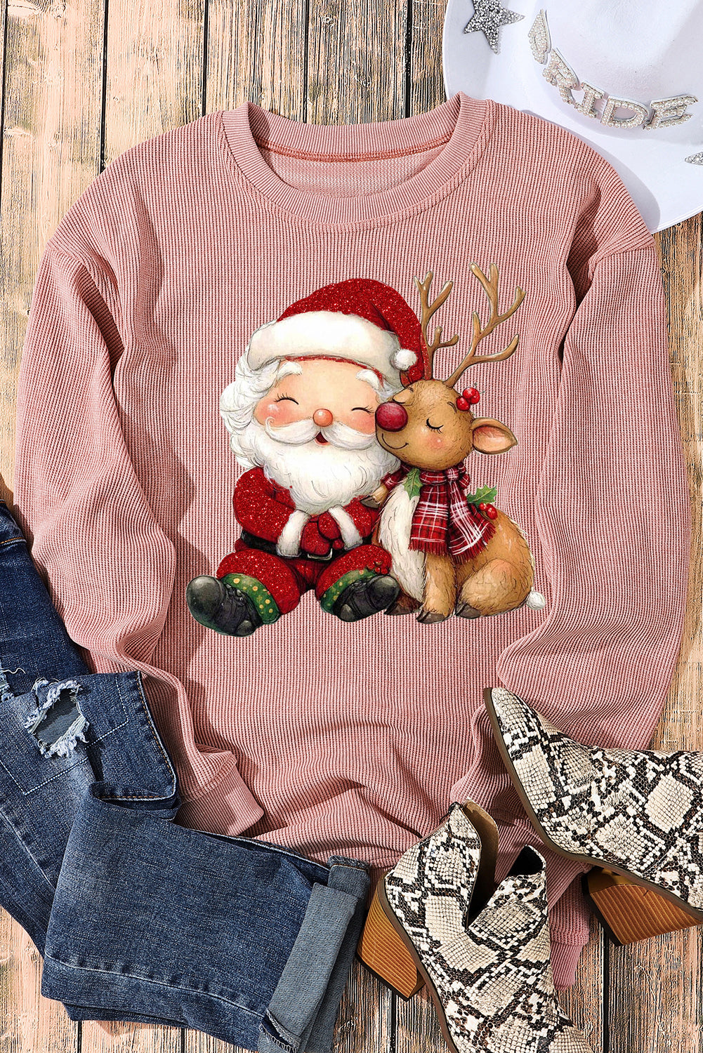 Santa Elk Print Knit Crew Neck Pullover Sweatshirt