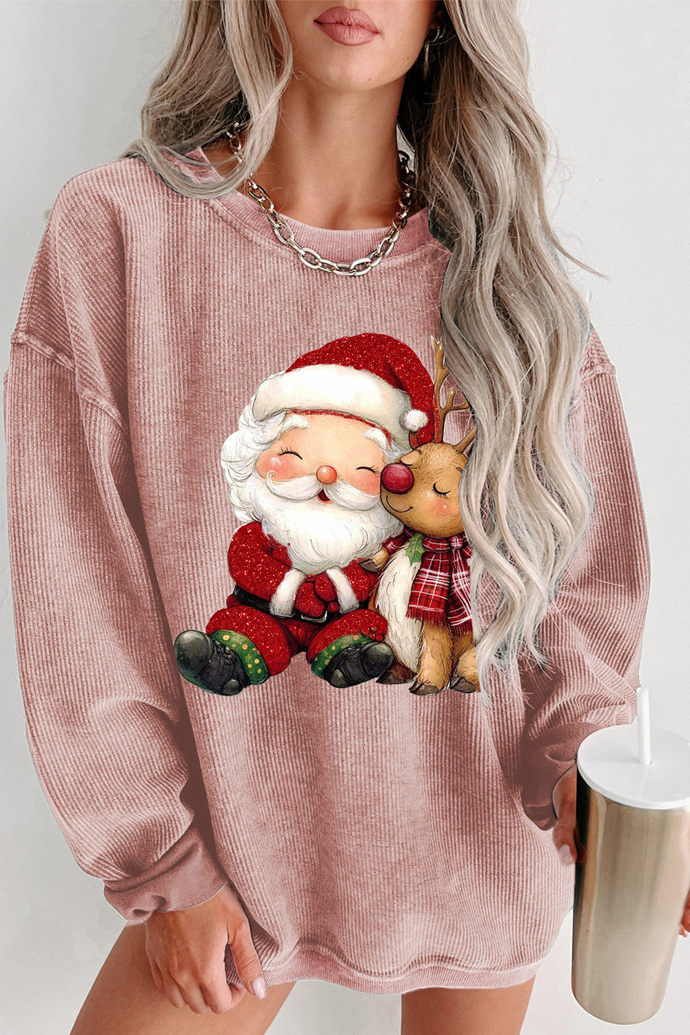 Santa Elk Print Knit Crew Neck Pullover Sweatshirt