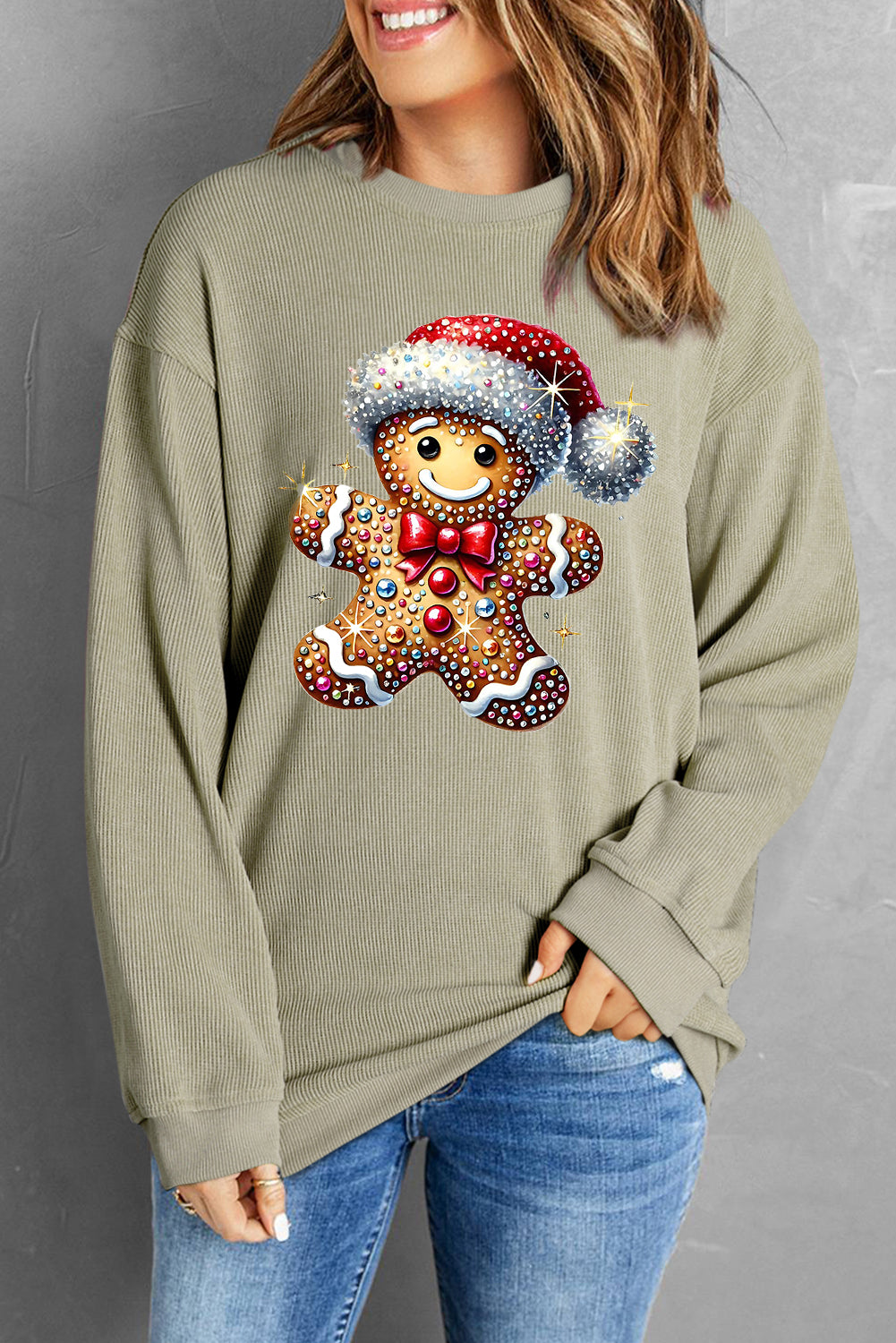 Christmas Ribbed Crew Neck Bear Santa Hat Pullover Sweatshirt