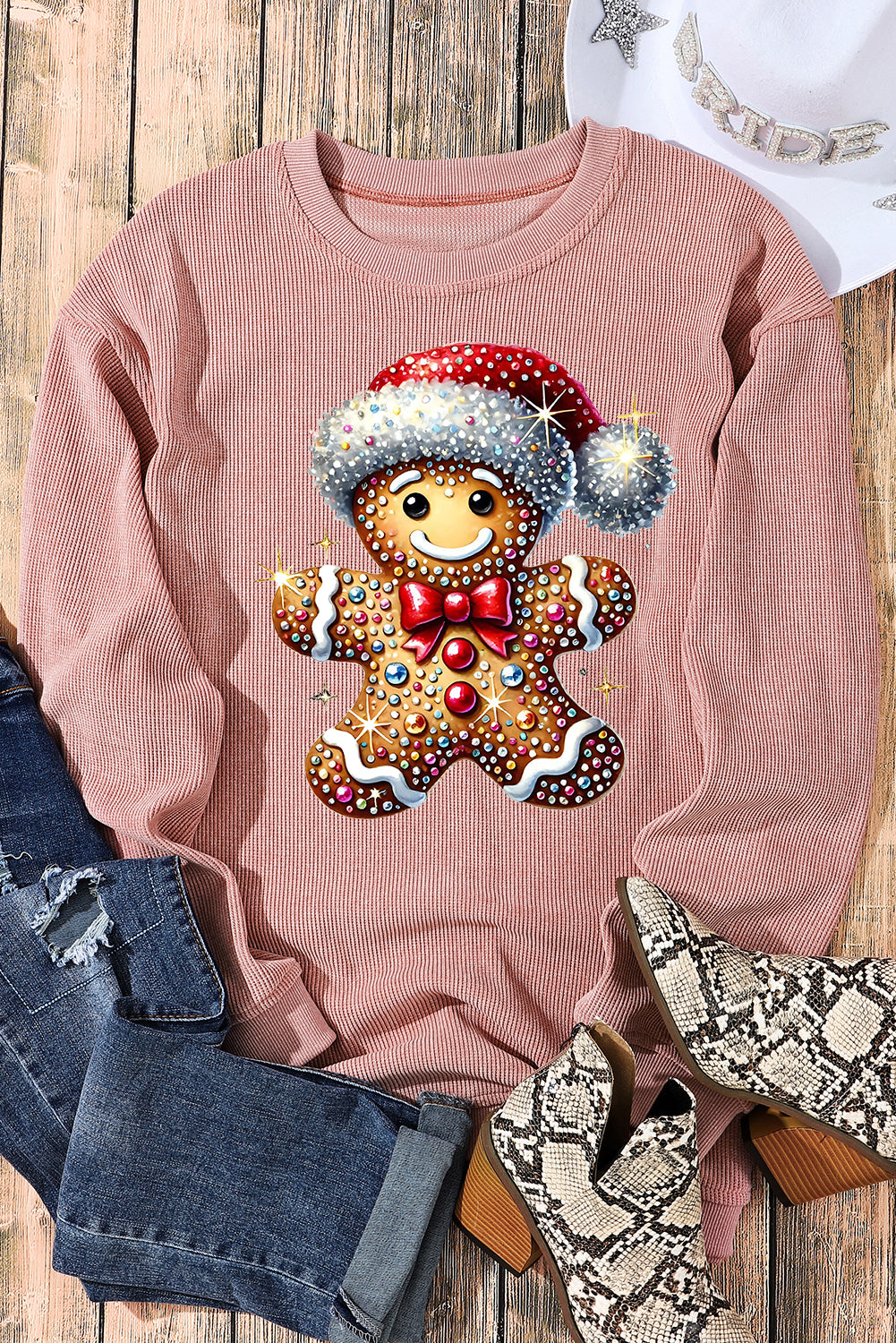 Christmas Ribbed Crew Neck Bear Santa Hat Pullover Sweatshirt