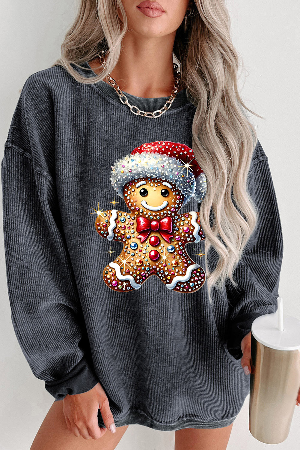 Christmas Ribbed Crew Neck Bear Santa Hat Pullover Sweatshirt