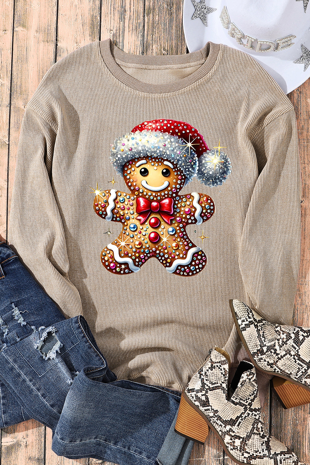 Christmas Ribbed Crew Neck Bear Santa Hat Pullover Sweatshirt