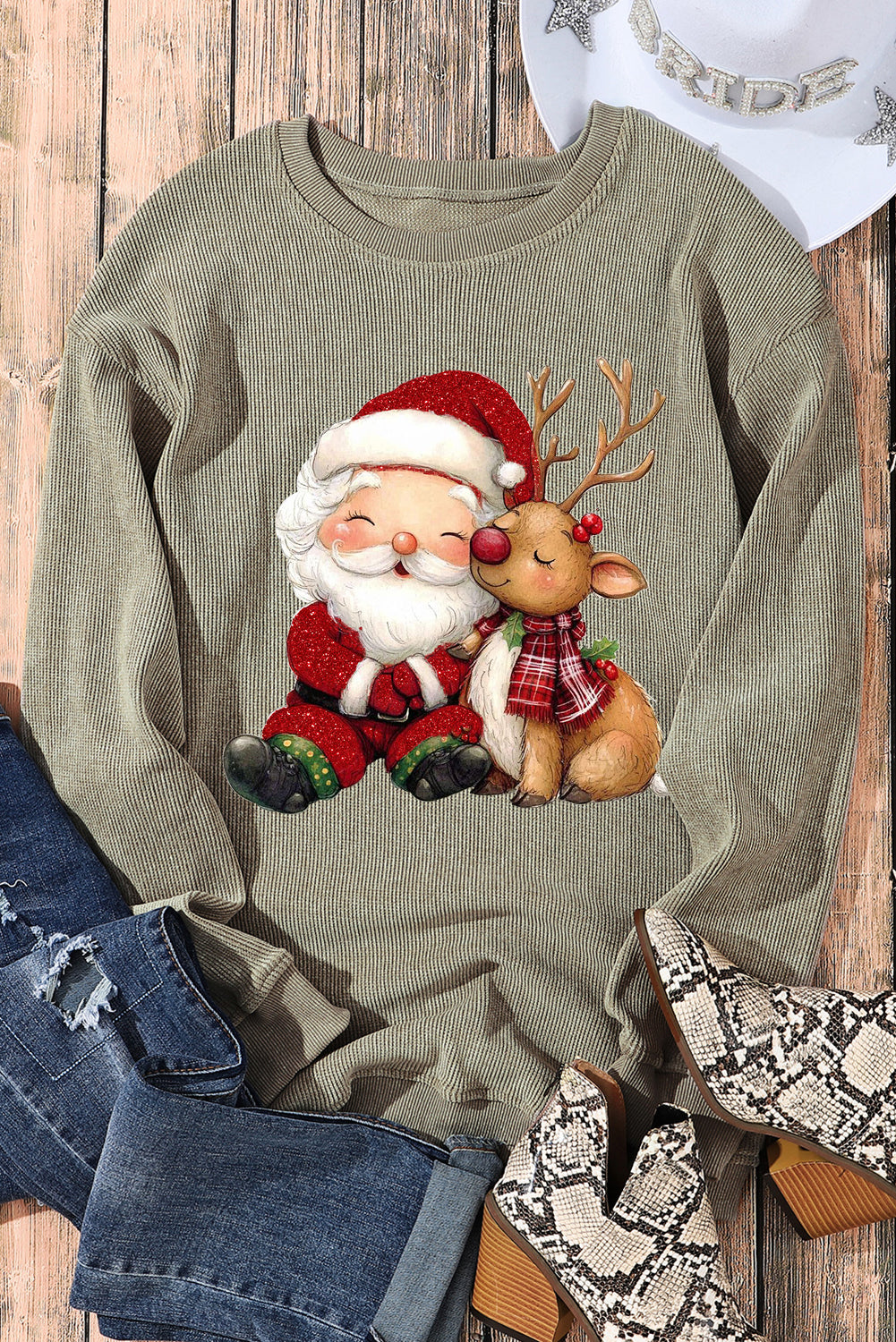 Santa Elk Print Knit Crew Neck Pullover Sweatshirt