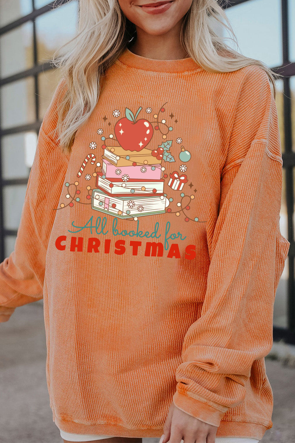 Christmas Crew Neck Apple Gift Pattern Pullover Sweatshirt