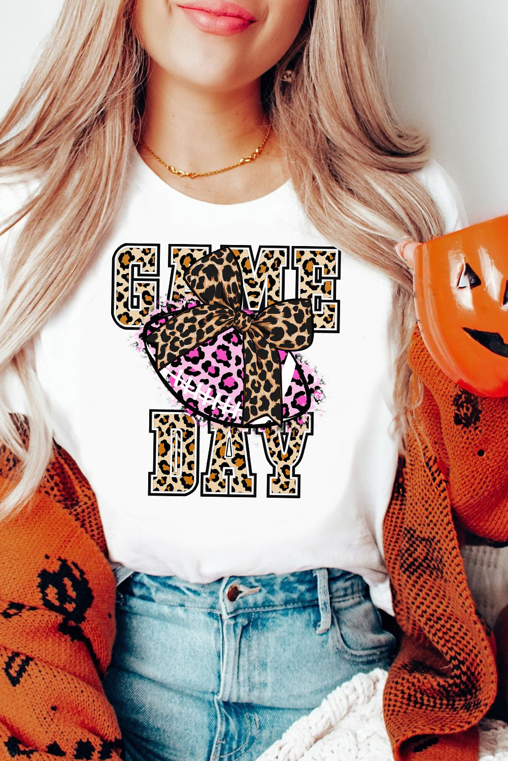 Halloween Pumpkin Leopard Print Crew Neck T-Shirt