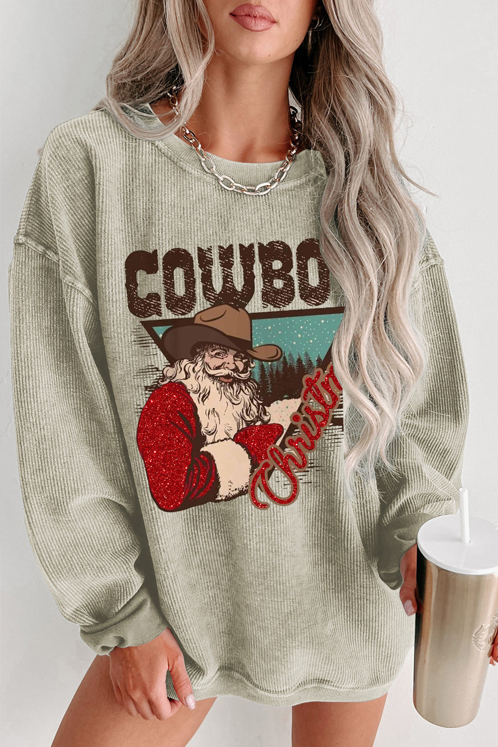 Christmas Cowboy Boy Printed Knit Crew Neck Pullover Sweatshirt