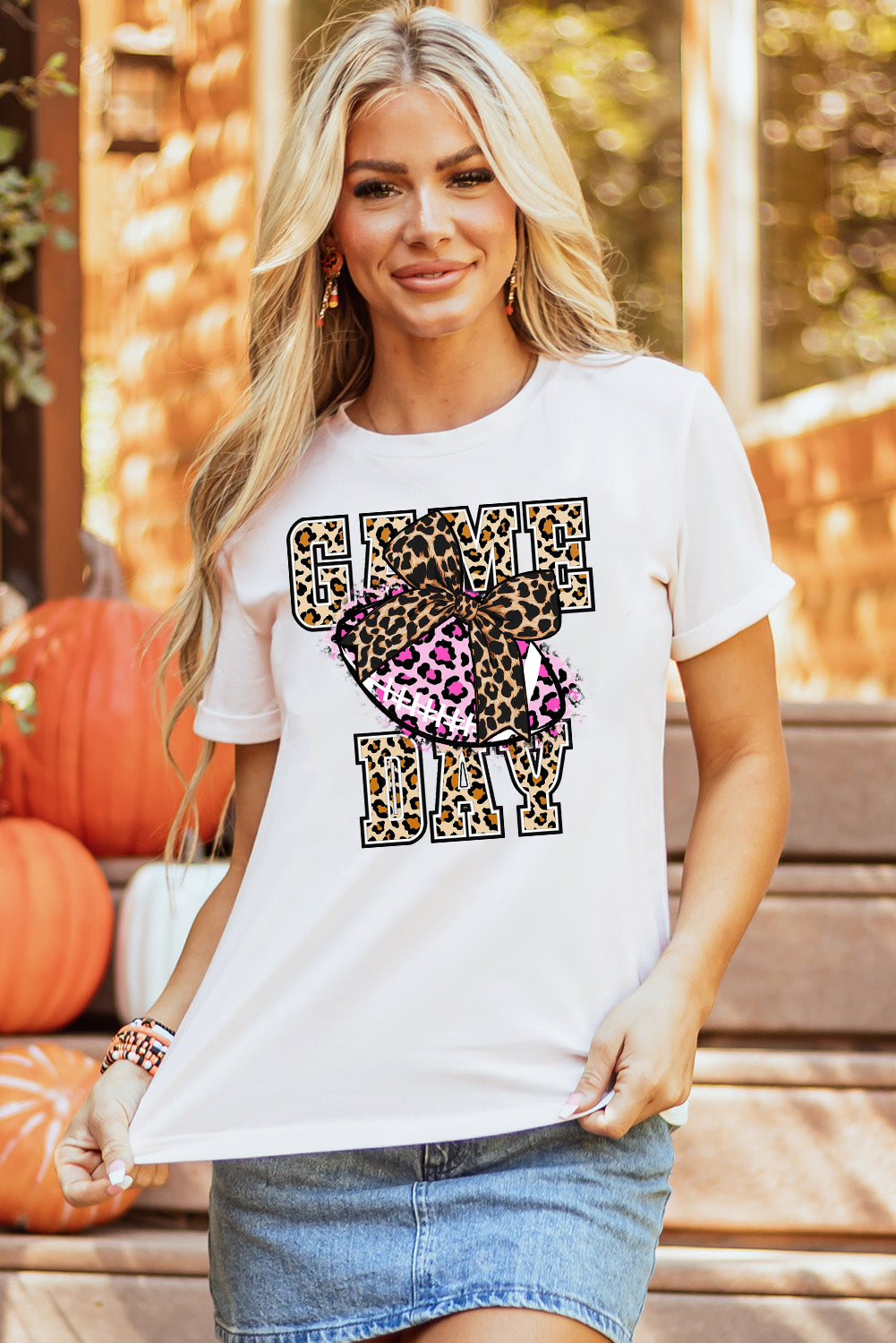 Halloween Pumpkin Leopard Print Crew Neck T-Shirt