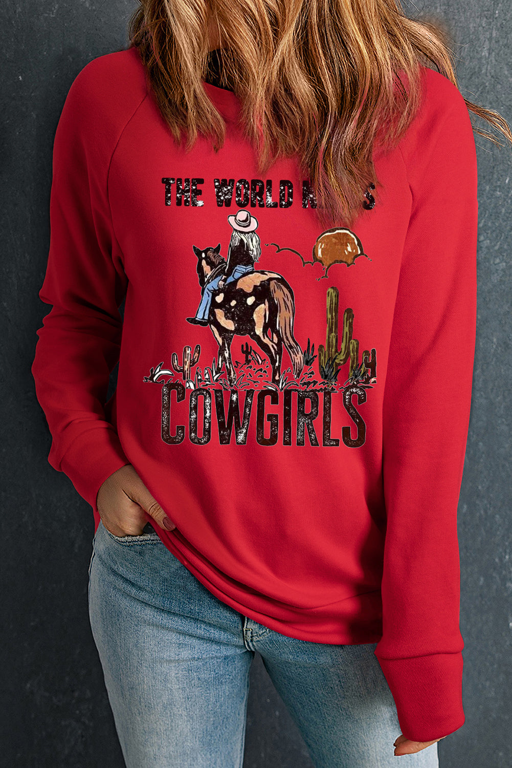 Plain Crew Neck Western Cowboy Pattern Pullover Sweatshirt