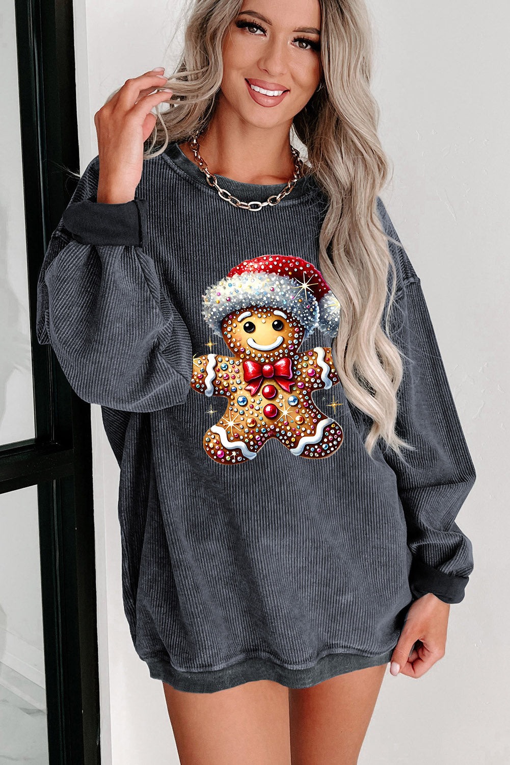 Christmas Ribbed Crew Neck Bear Santa Hat Pullover Sweatshirt