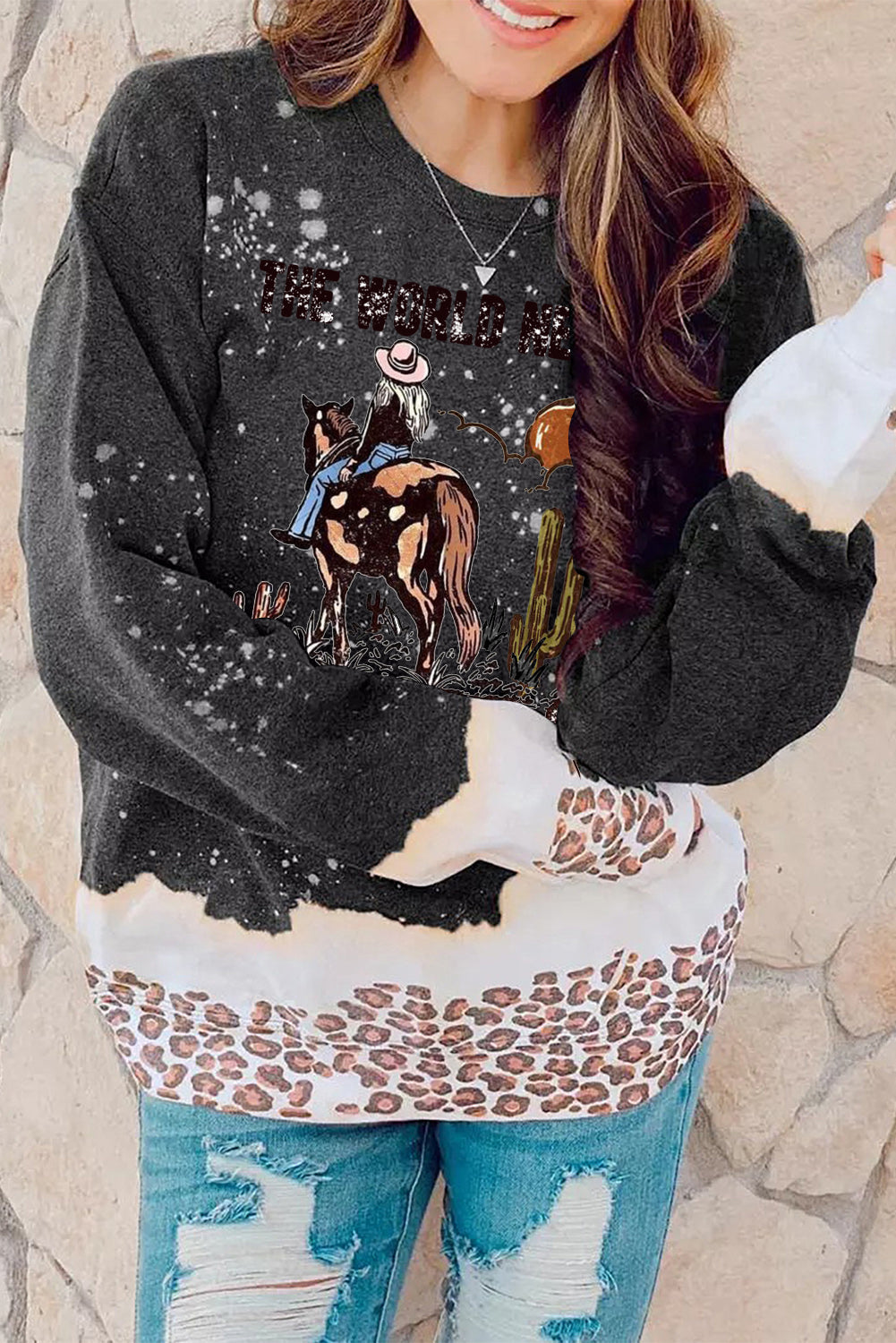 Bleached Pullover Western Cowgirl Pattern Sweatshirt