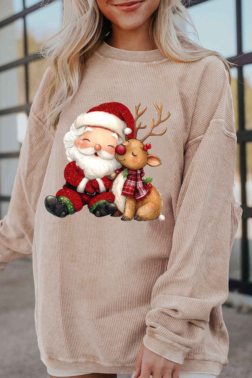 Cozy Christmas Santa Claus and Reindeer Pattern Oversized Sweater