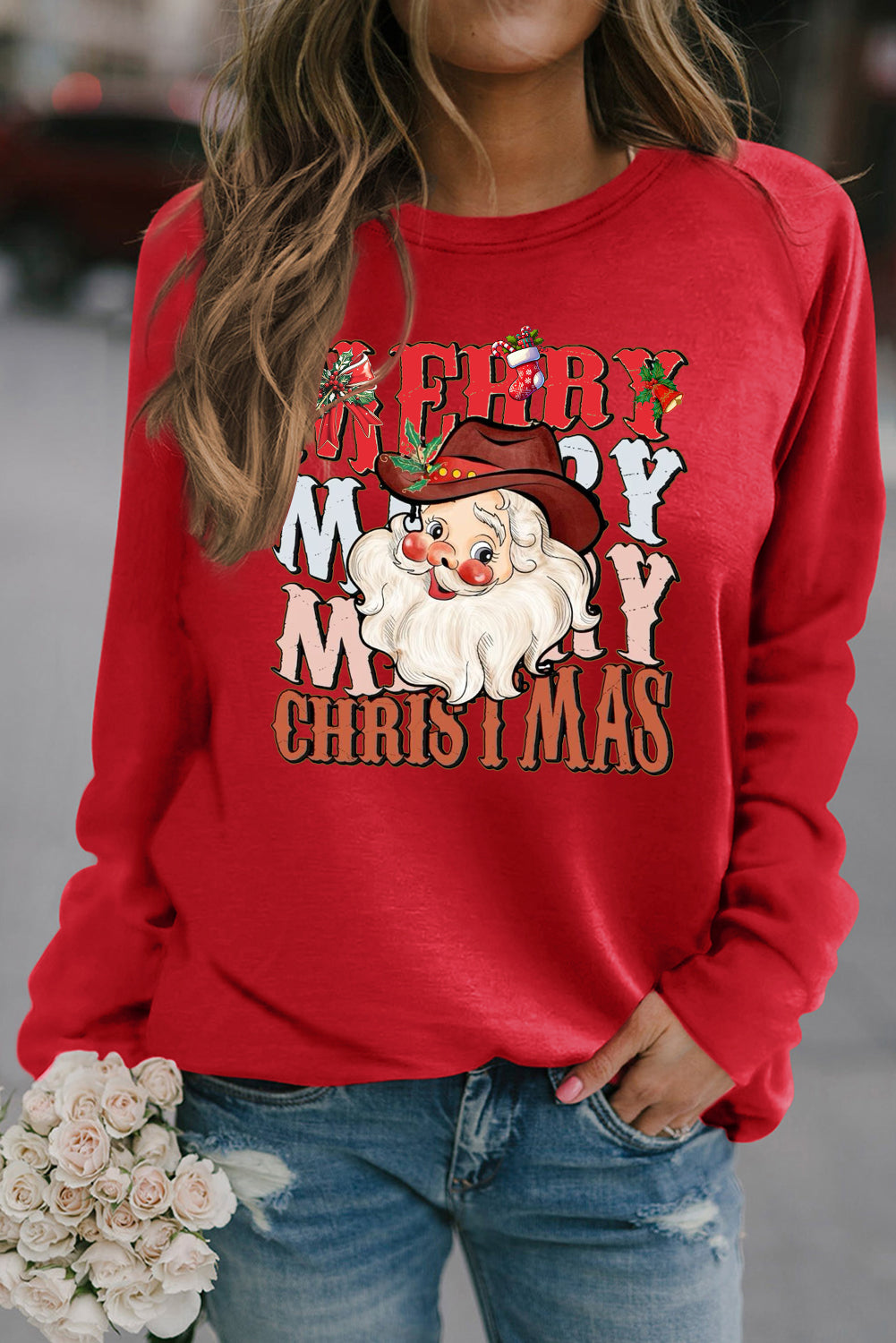 Merry Christmas Solid Color Crew Neck Pullover Sweatshirt