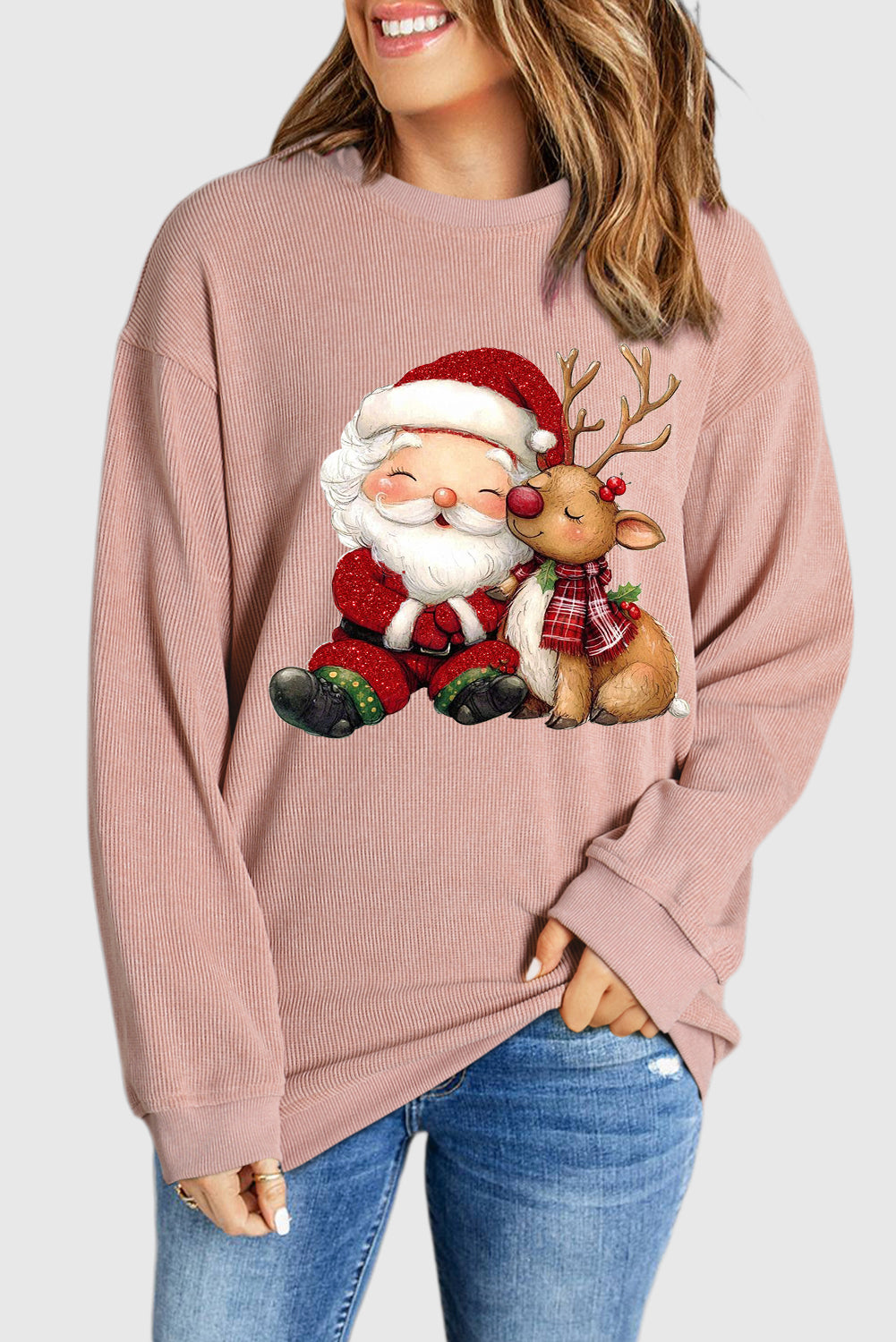 Santa Elk Print Knit Crew Neck Pullover Sweatshirt