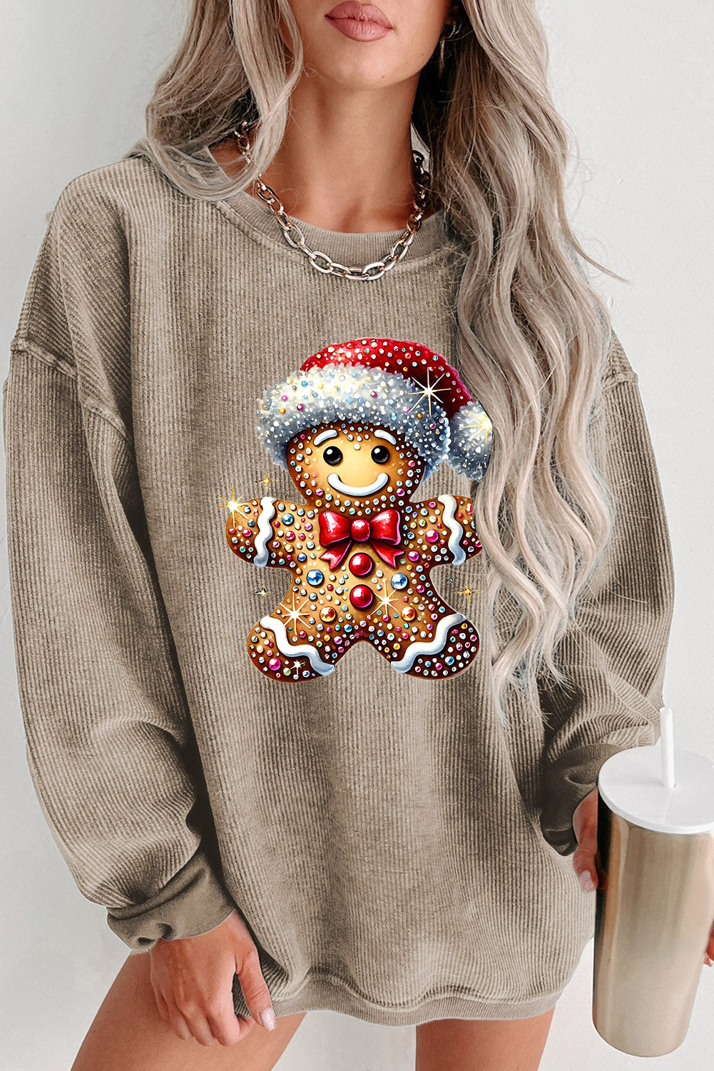 Christmas Ribbed Crew Neck Bear Santa Hat Pullover Sweatshirt