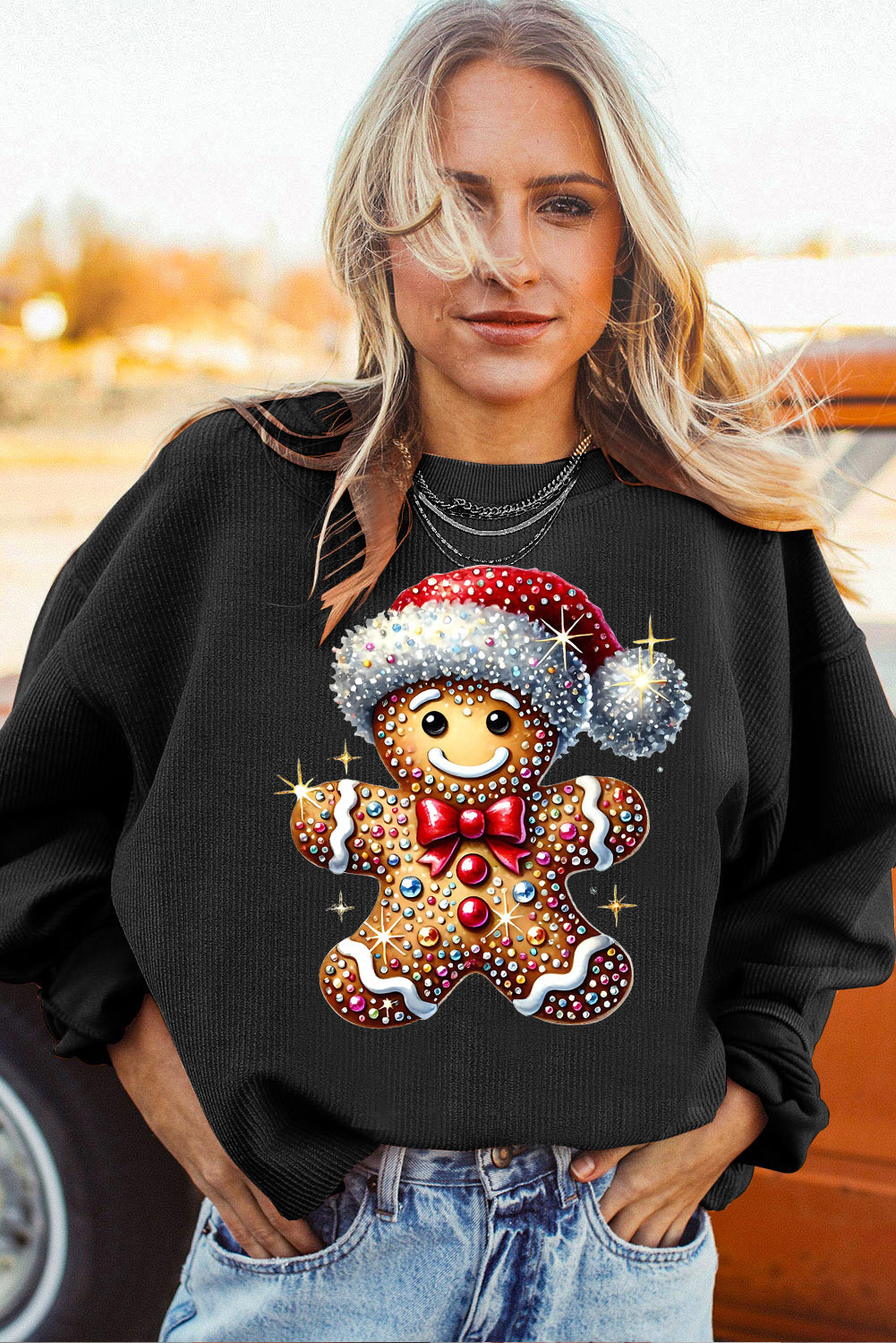 Santa Hat Bear Crew Neck Pattern Pullover Sweatshirt