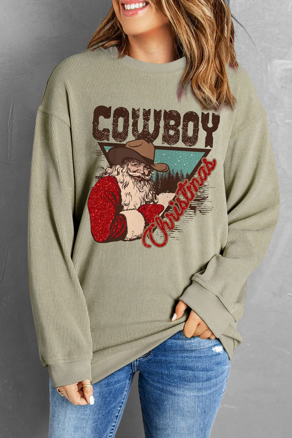 Christmas Cowboy Boy Printed Knit Crew Neck Pullover Sweatshirt