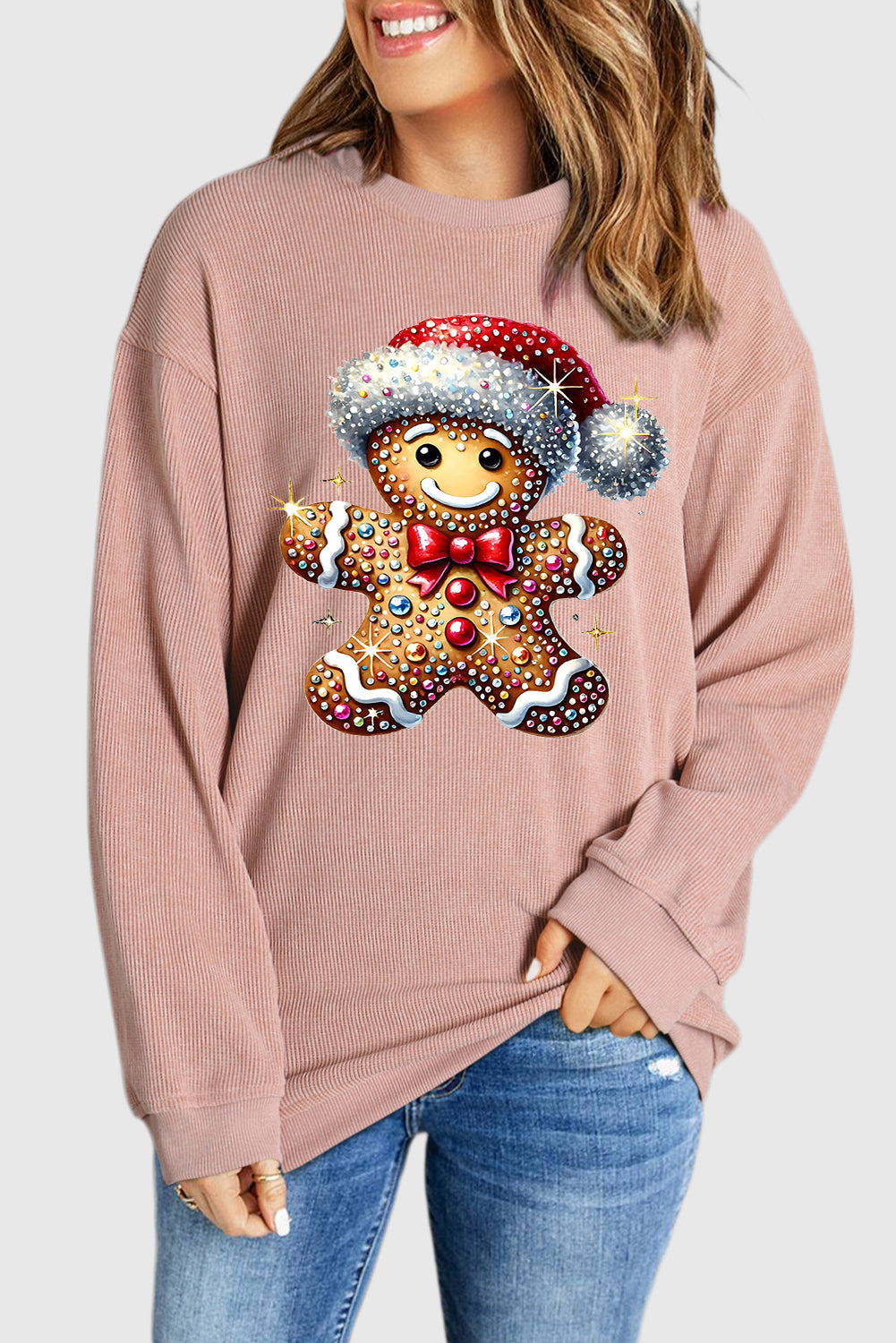 Christmas Ribbed Crew Neck Bear Santa Hat Pullover Sweatshirt
