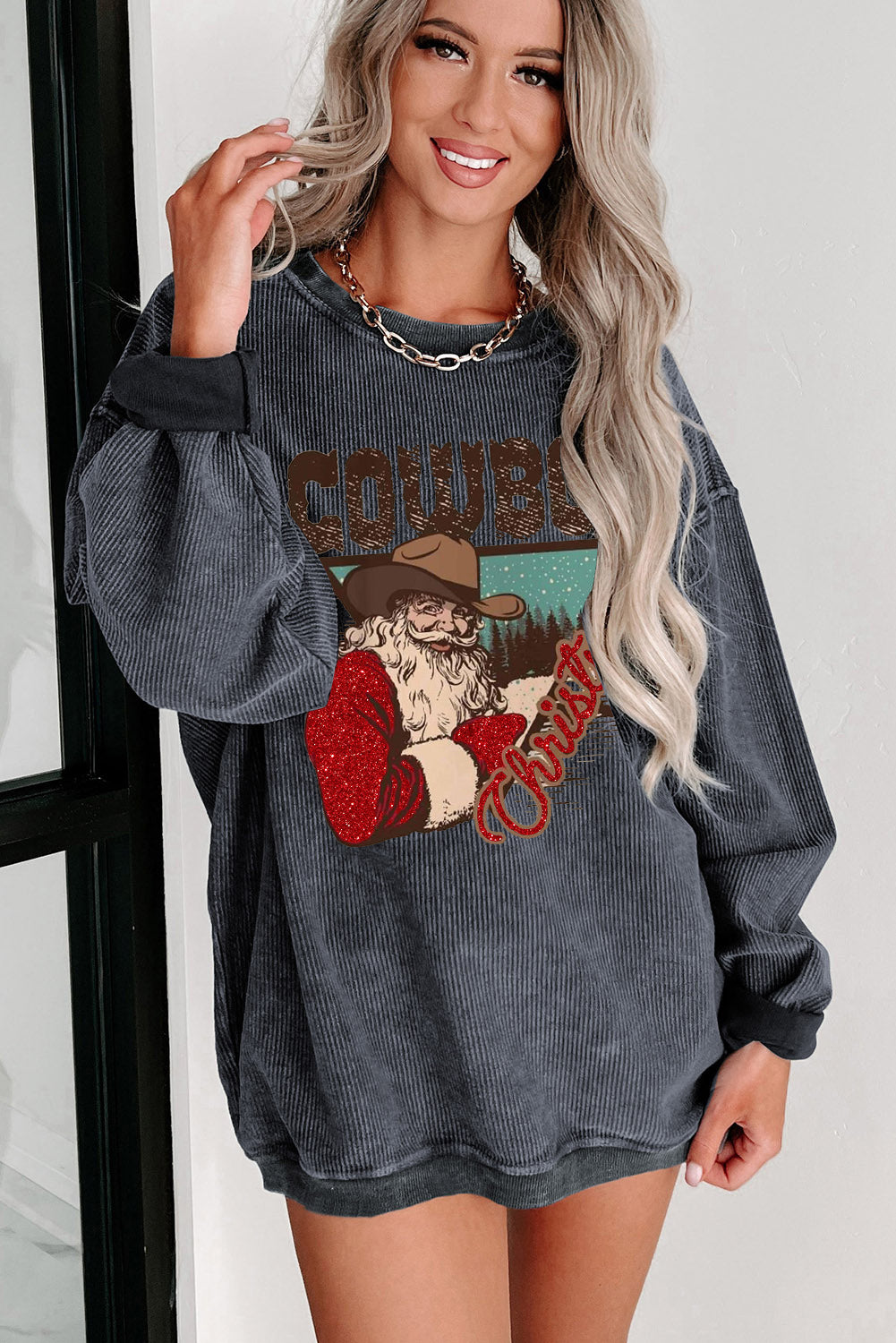 Christmas Cowboy Boy Printed Knit Crew Neck Pullover Sweatshirt
