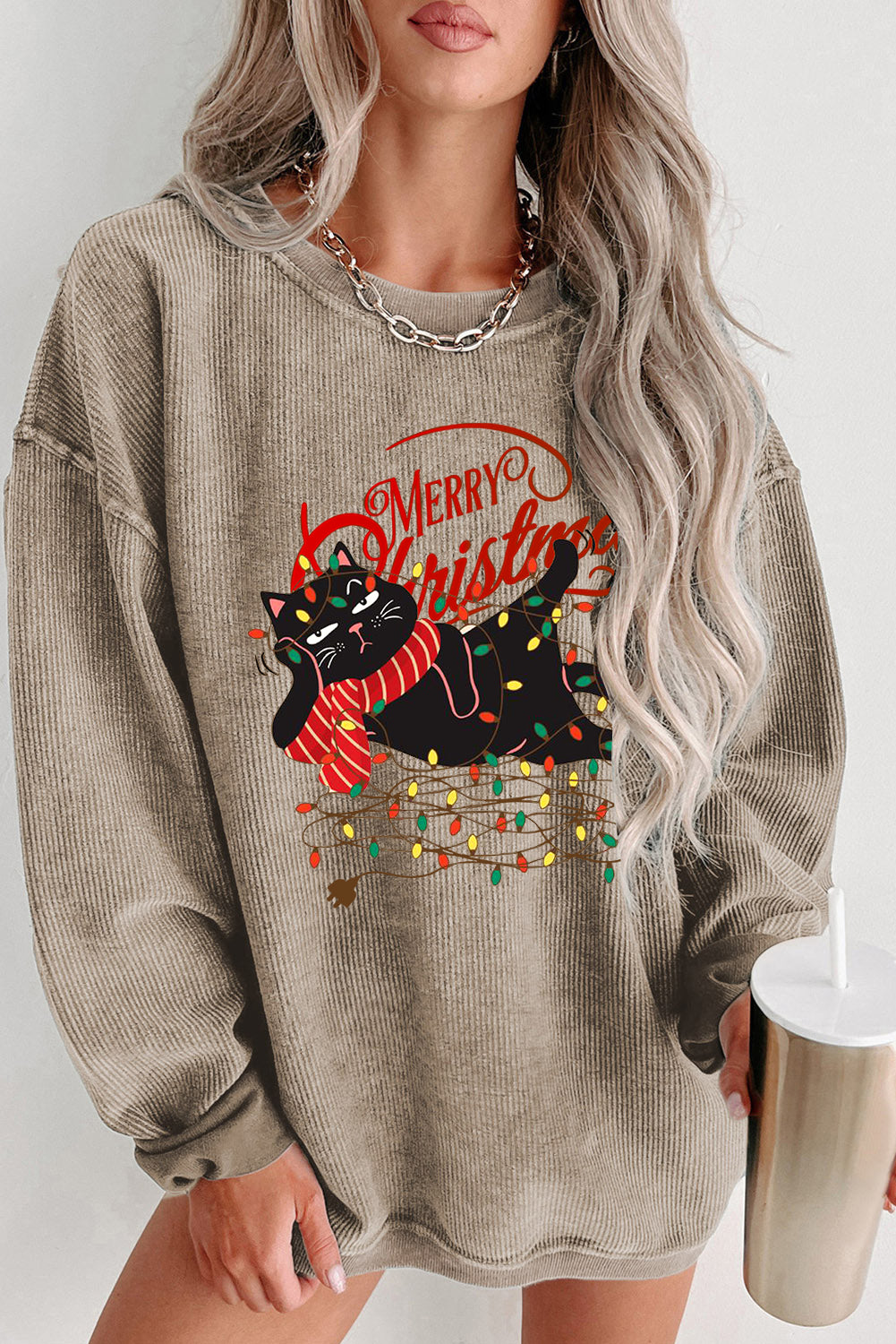Christmas Wacky Cat Lights String Print Knit Crew Neck Pullover Sweatshirt