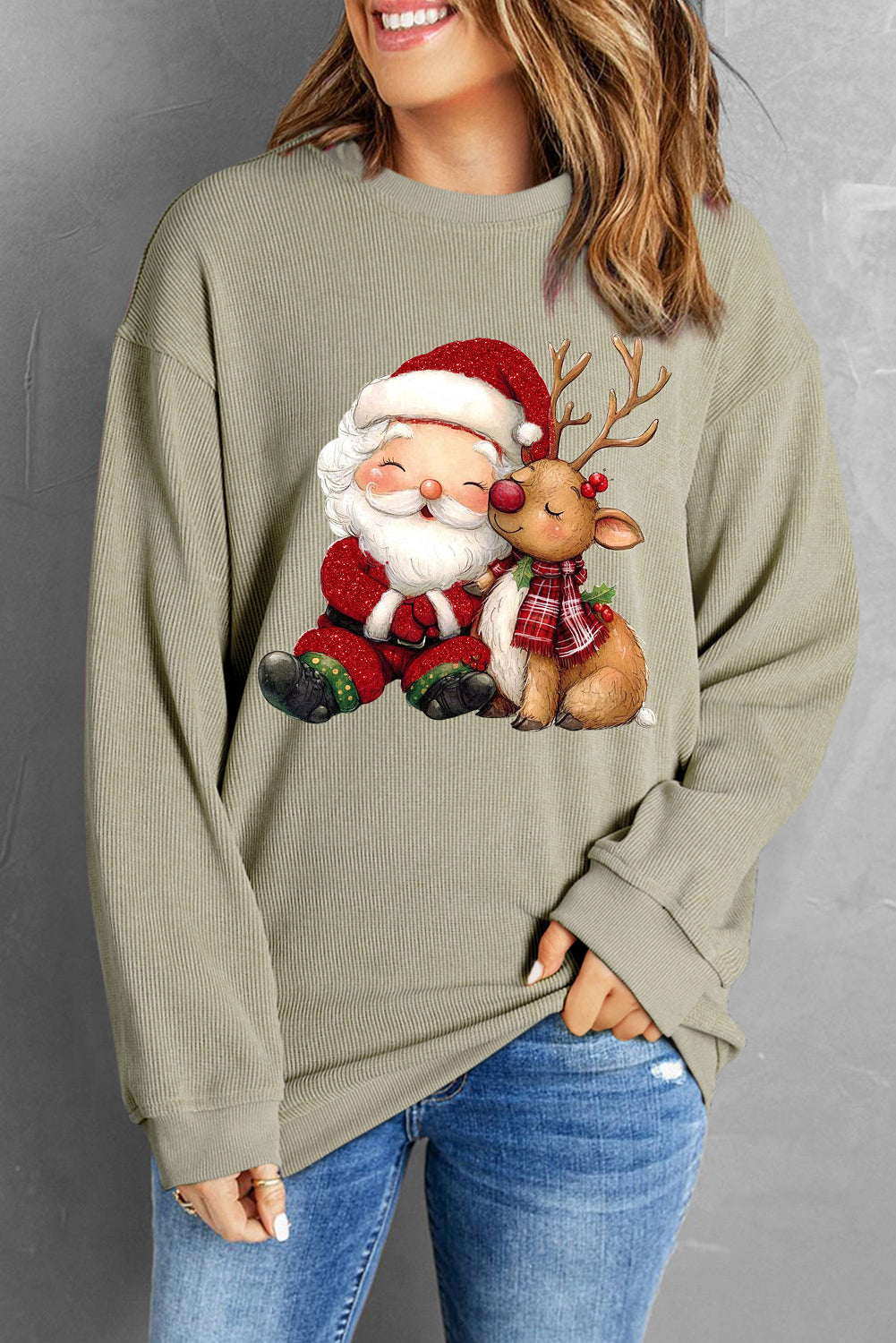 Santa Elk Print Knit Crew Neck Pullover Sweatshirt