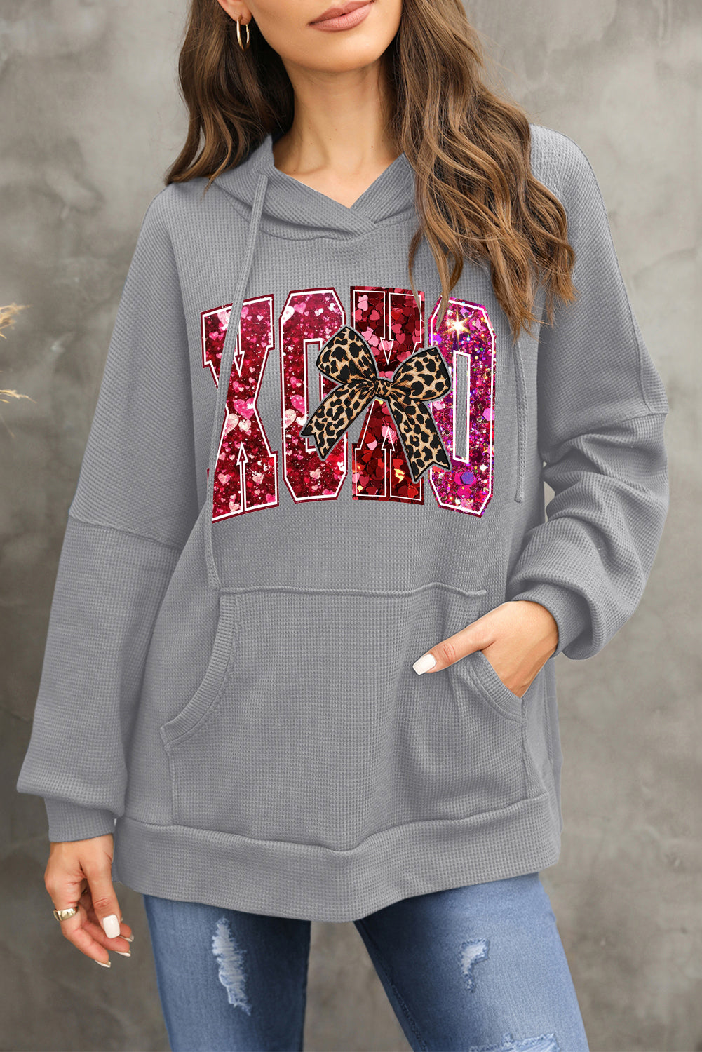 Valentine's Day XOXO Date Night Waffle Knit Fleece Lined Hoodie