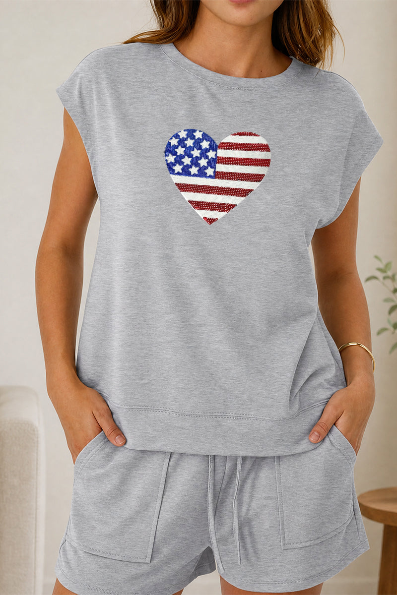Heart Flag Tee Shorts Set Patriotic Summer Outfit Independence Day