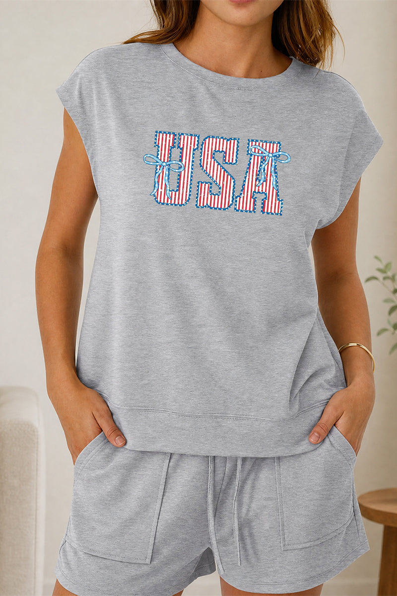 USA Graphic Tee Shorts Set Patriotic Summer Holiday Outfit