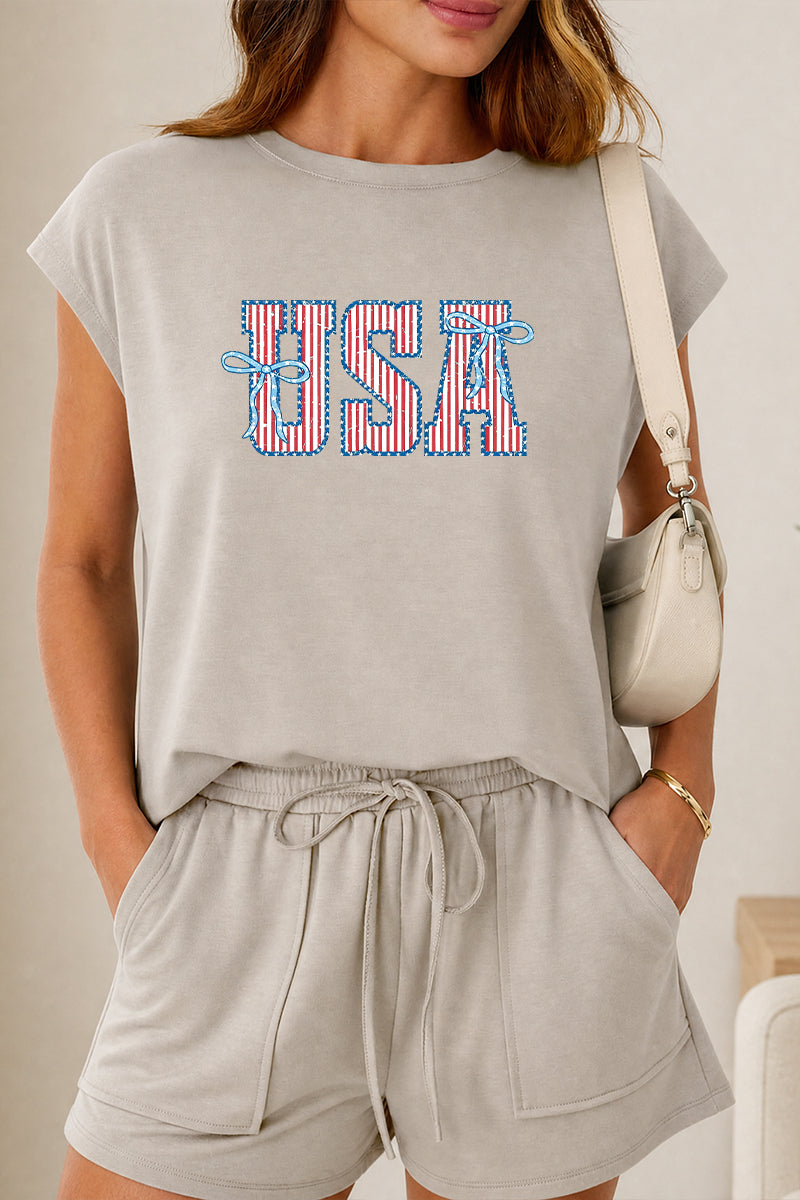 USA Graphic Tee Shorts Set Patriotic Summer Holiday Outfit