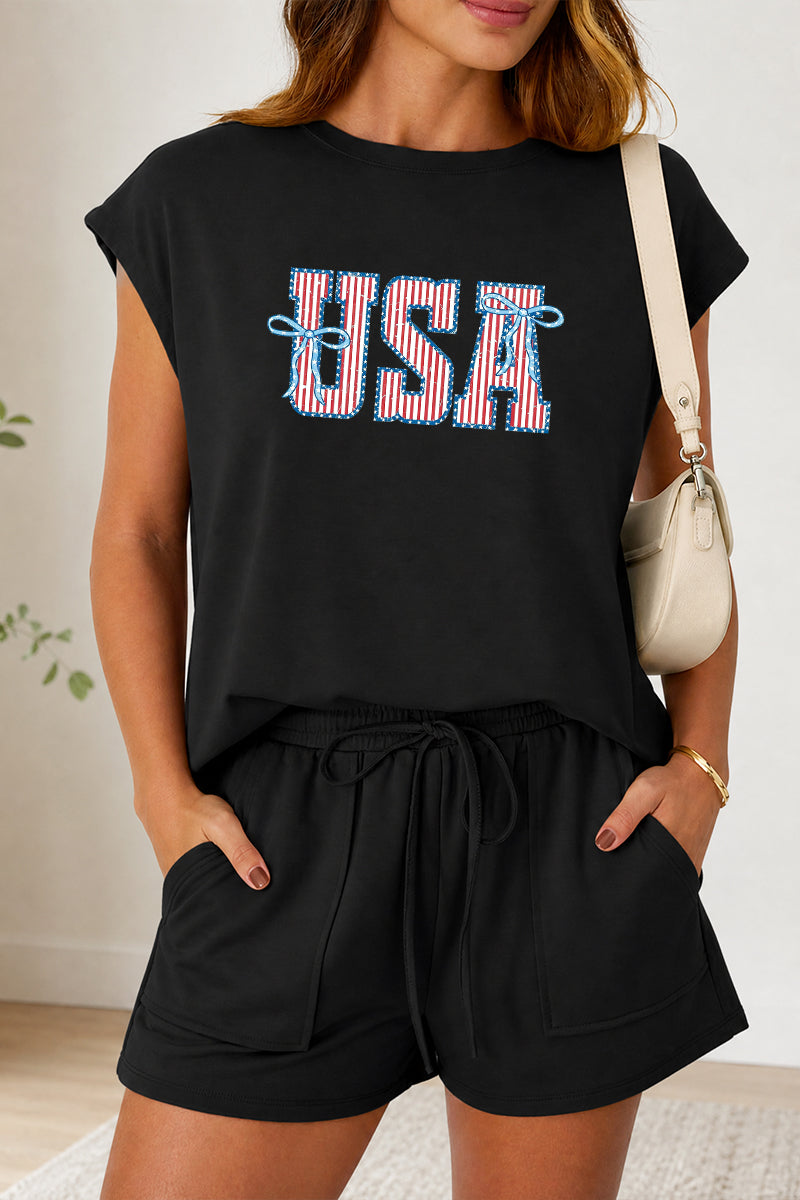 USA Graphic Tee Shorts Set Patriotic Summer Holiday Outfit
