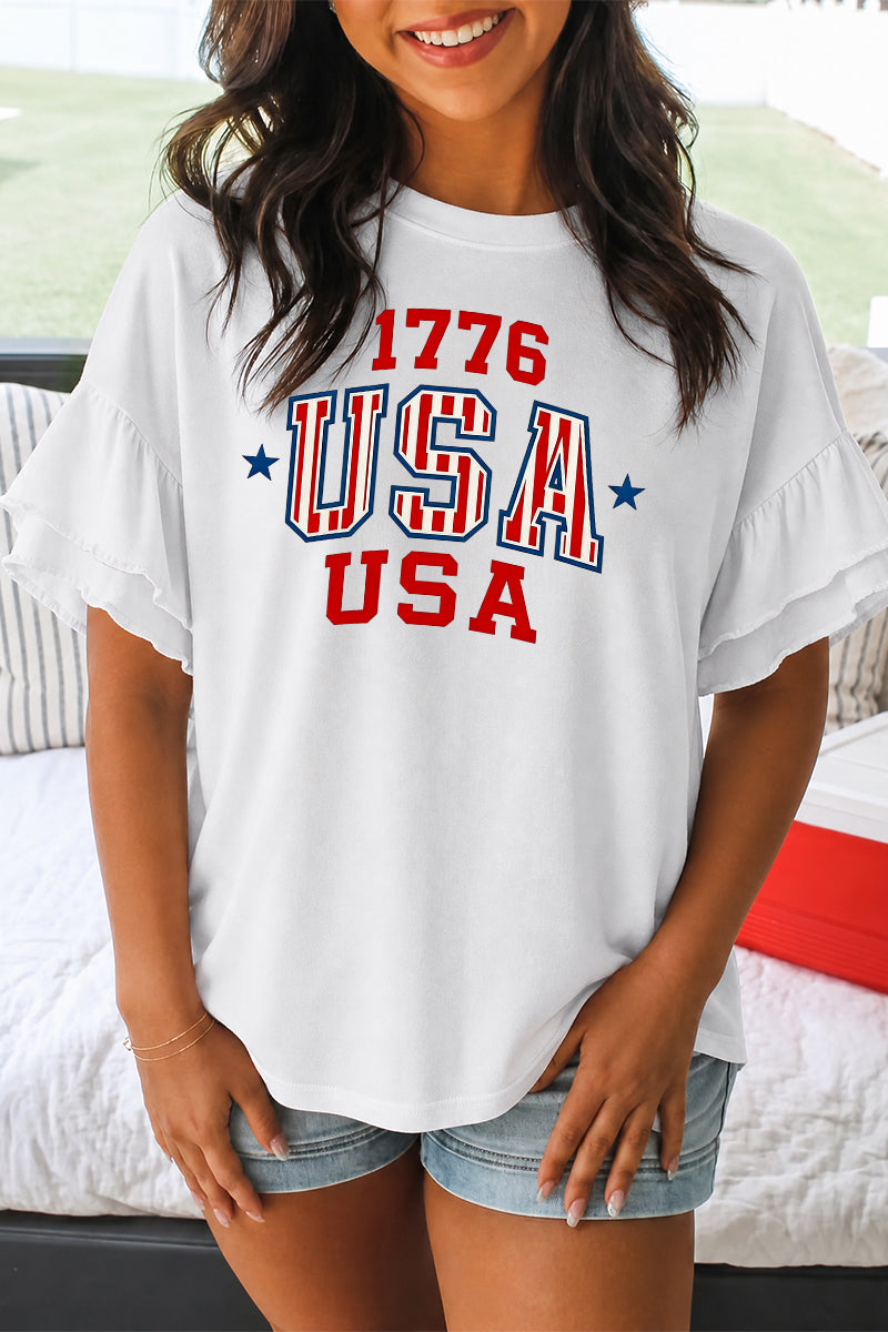 1776 USA Patriotic Ruffle Sleeve Graphic Tee Women Top