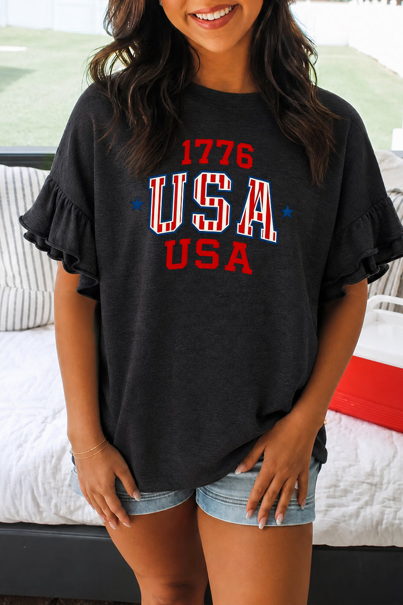 1776 USA Patriotic Ruffle Sleeve Graphic Tee Women Top
