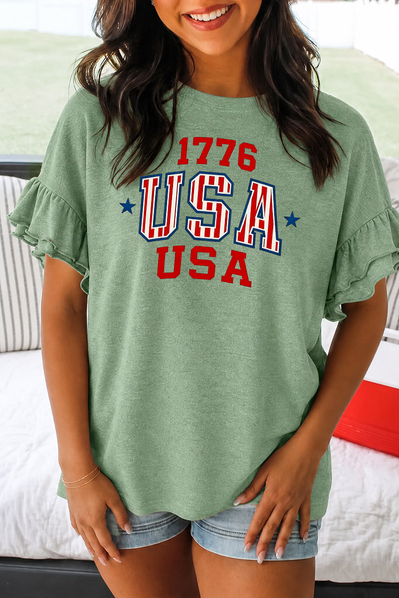 1776 USA Patriotic Ruffle Sleeve Graphic Tee Women Top
