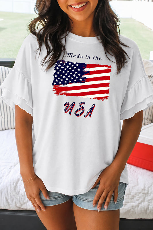 USA Flag Graphic Ruffle Sleeve Women’s 4th of July Tee