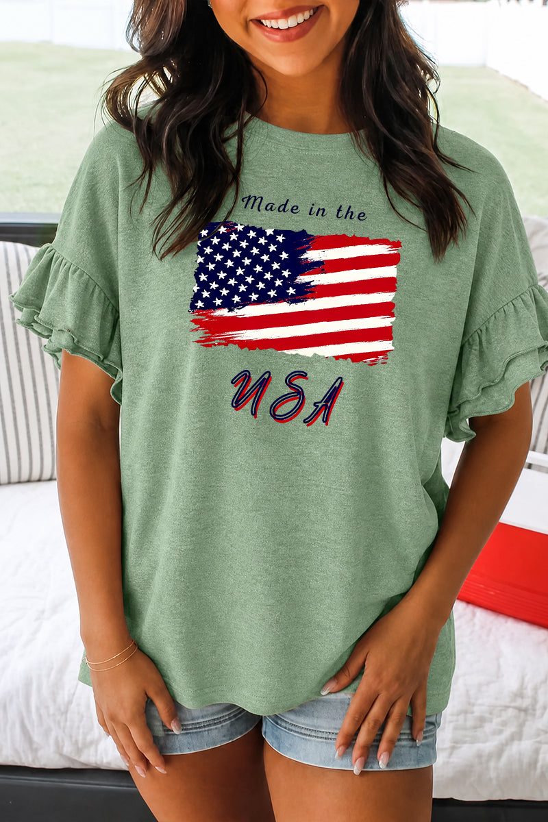USA Flag Graphic Ruffle Sleeve Women’s 4th of July Tee