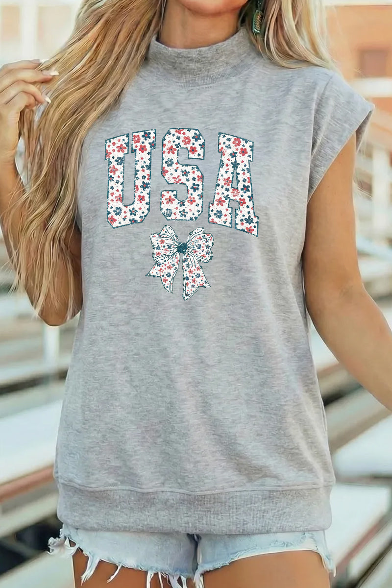 Floral USA Graphic Tee Oversized Patriotic Summer Top