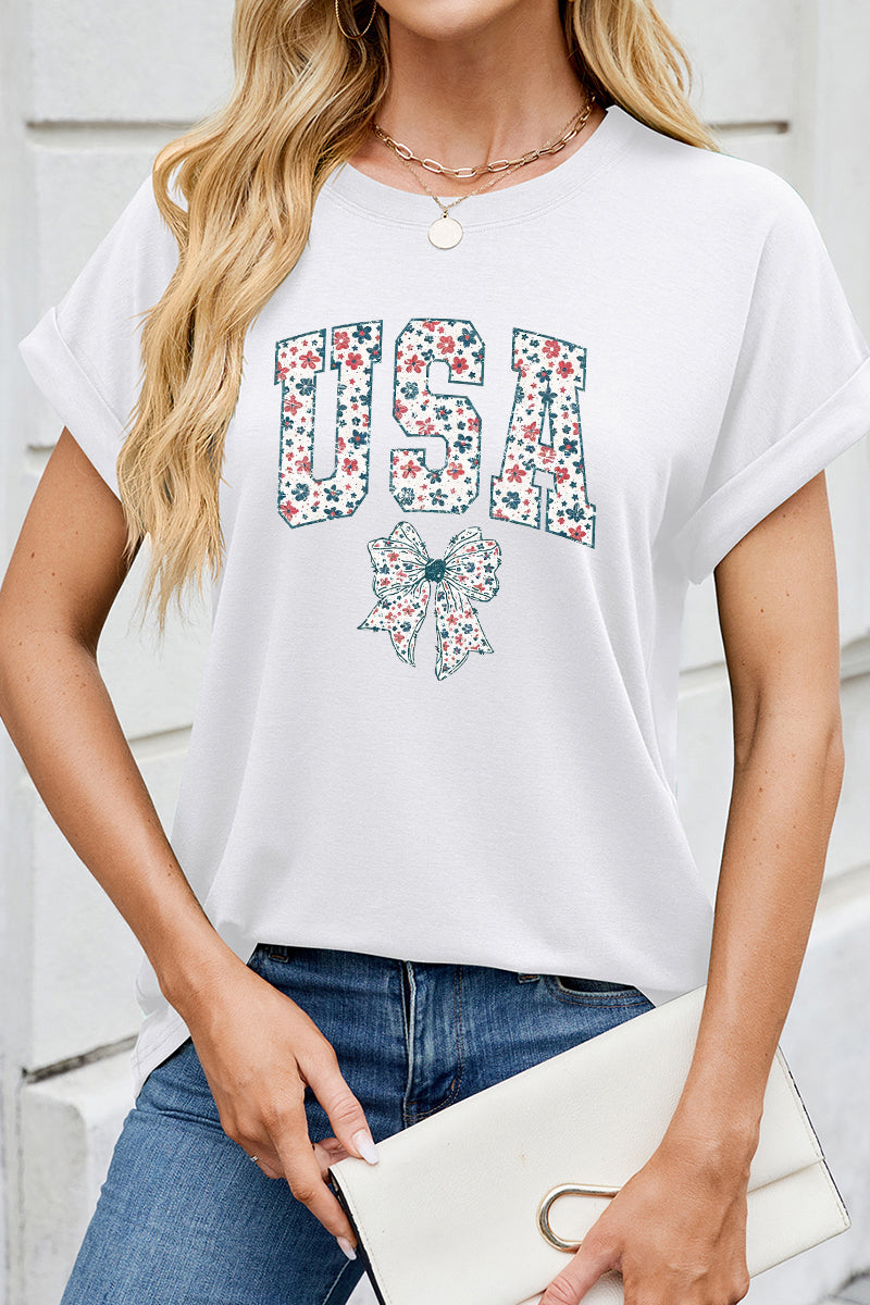 Floral USA Bow Patriotic Independence Day Graphic Tee