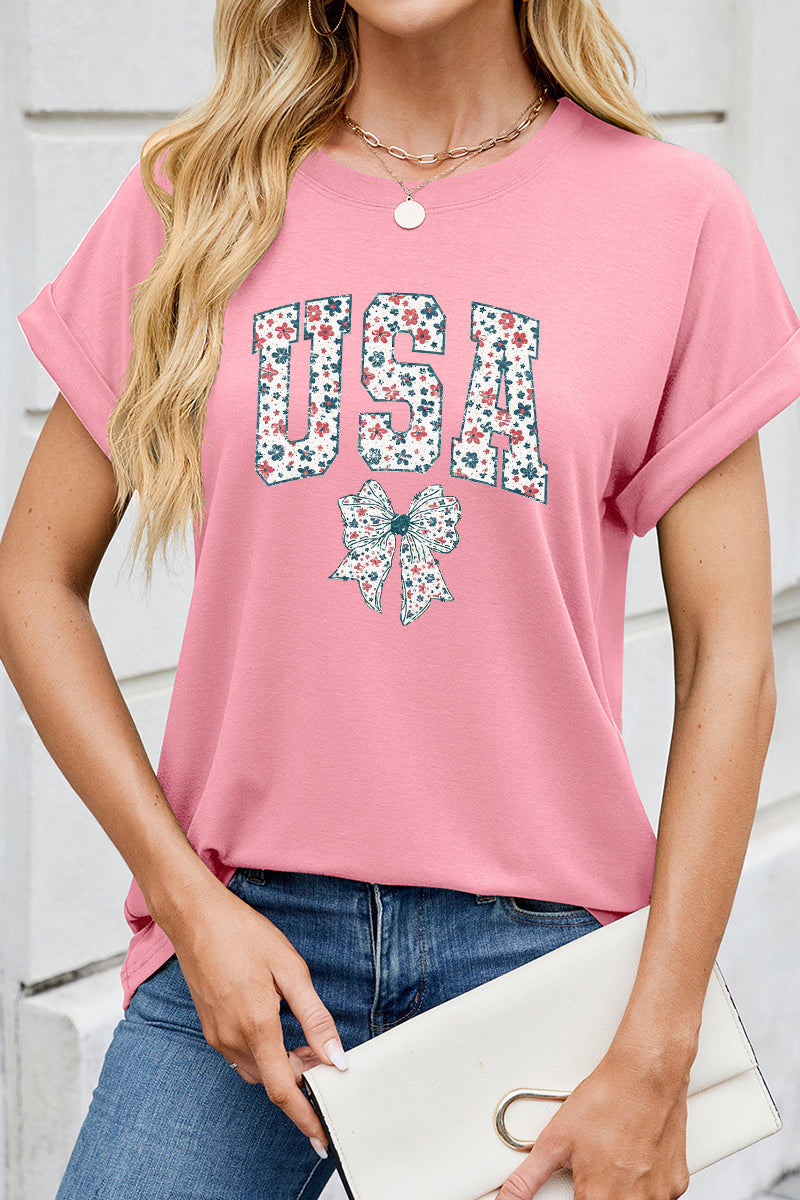 Floral USA Bow Patriotic Independence Day Graphic Tee