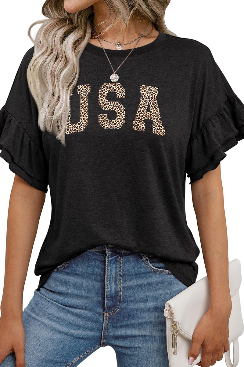 Leopard Print USA Graphic Tee Women’s Independence Day Top