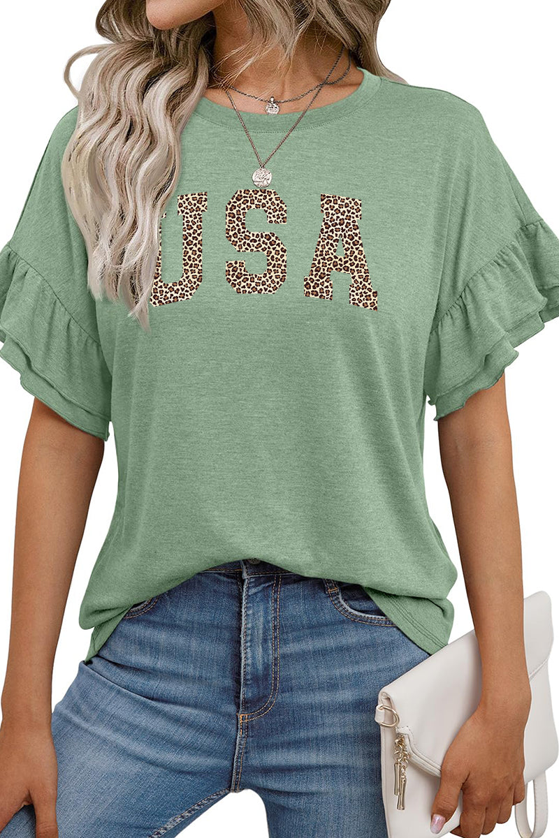 Leopard Print USA Graphic Tee Women’s Independence Day Top